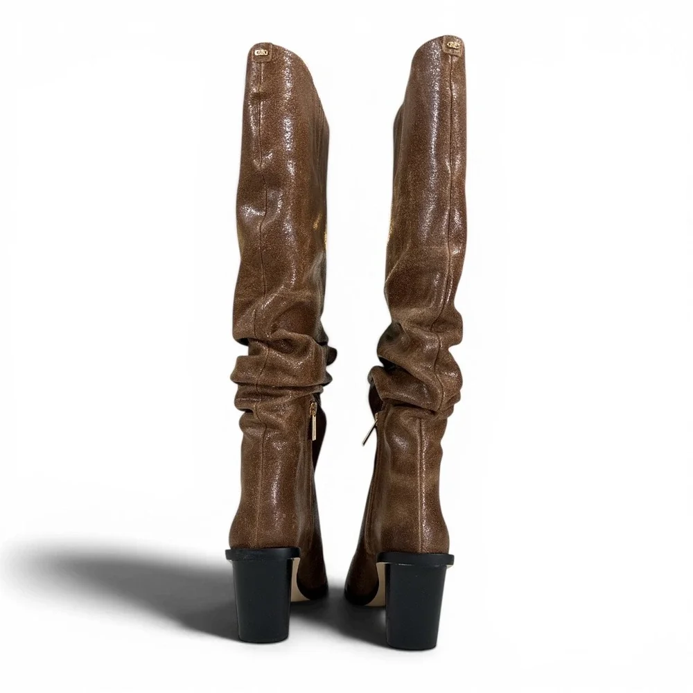 Michael Kors Brown Leather Slouchy Tall Boots Snip Toe Wedge Heel Womens 7M‎ NIB